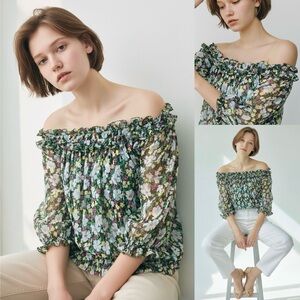 Maje Lulli Silk Metallic Floral Print Ruffle Off The Shoulder Blouse Semi-Sheer